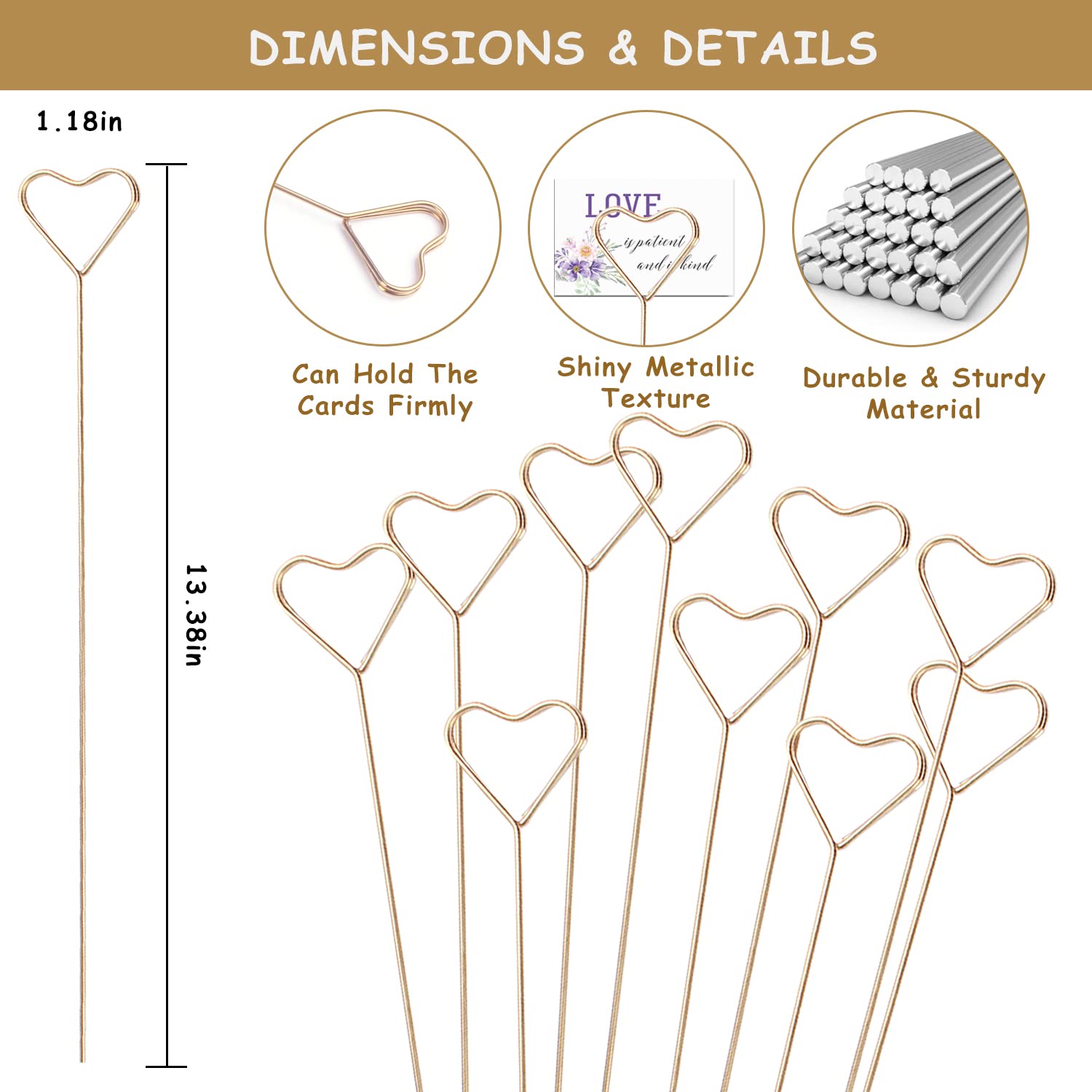 Kimober 30Pcs Metal Floral Place Card Holder,13.4 Inch Golden Heart Flower Picks Photo Memo Clips Gift Card Holder For Flower Ar